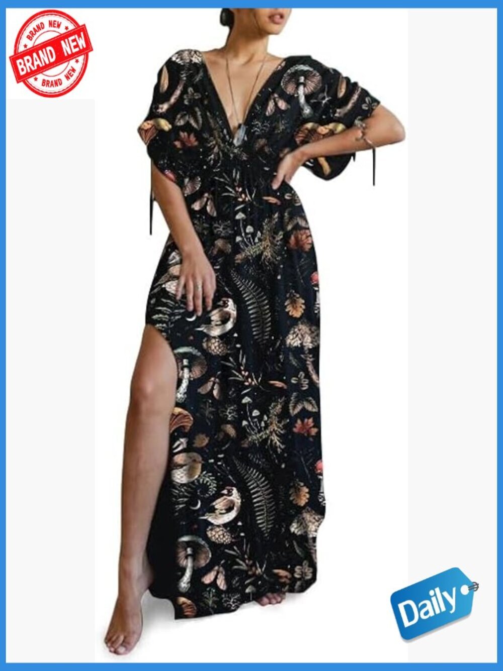 Mushroom Print Maxi Dress with Deep V-Neck and Drawstring Sleeves